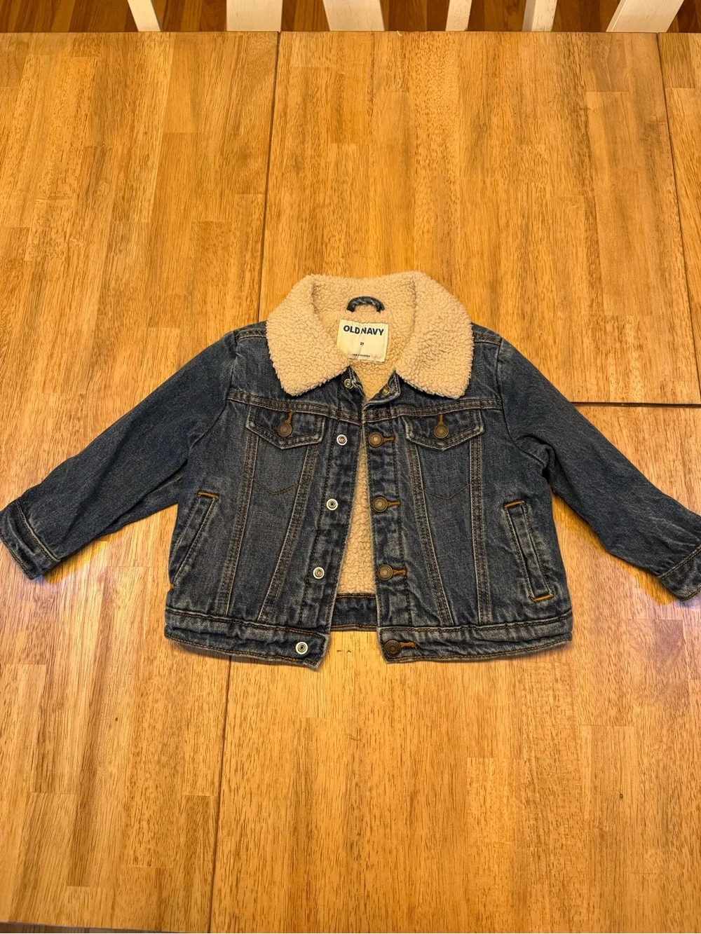 Old Navy Kids Dark Blue Denim Jacket with Cream Sherpa Collar